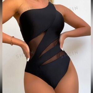 SHEIN Black Mesh Cut Out One Shoulder Bathing Suit